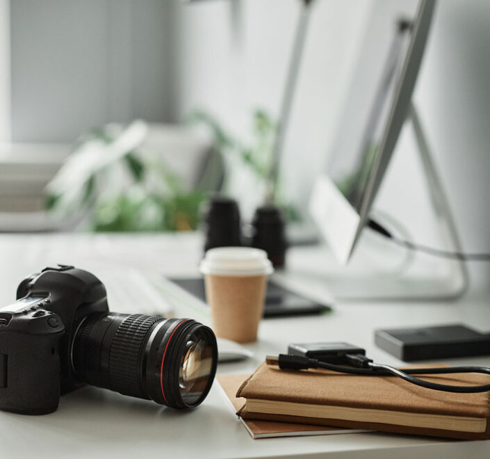 camera on photographer's desk