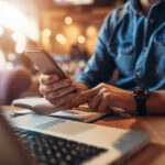 Business man texting clients on his phone.