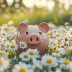 Pink piggy bank sitting in a sunny field of daisies
