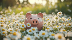 Pink piggy bank sitting in a sunny field of daisies