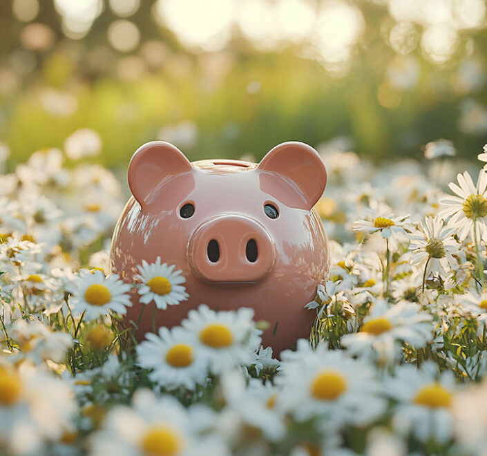 Pink piggy bank sitting in a sunny field of daisies
