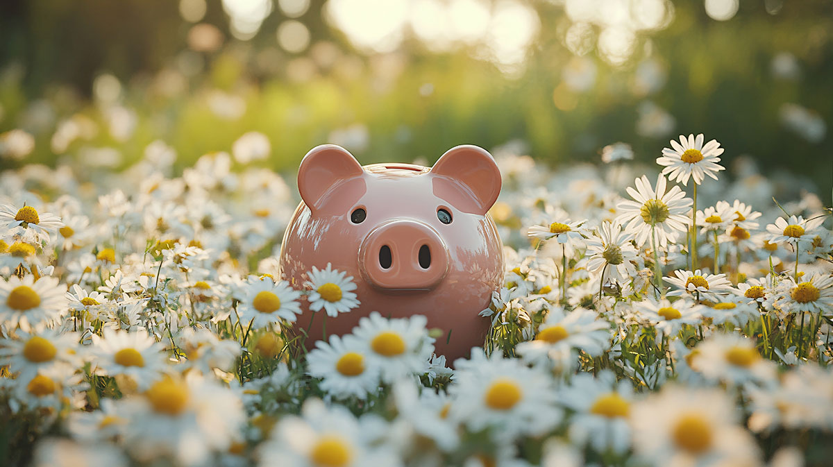 Pink piggy bank sitting in a sunny field of daisies