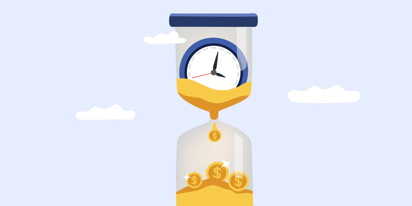 Hourglass with a clock on top draining into gold coins