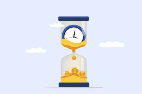 Hourglass with a clock on top draining into gold coins