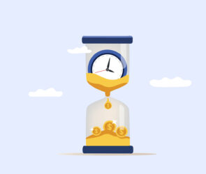 Hourglass with a clock on top draining into gold coins