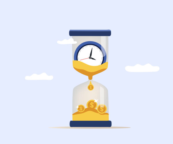 Hourglass with a clock on top draining into gold coins