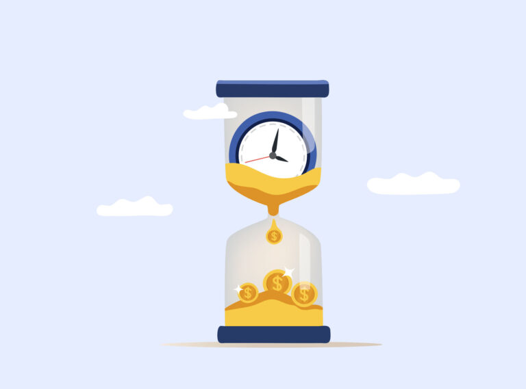 Hourglass with a clock on top draining into gold coins