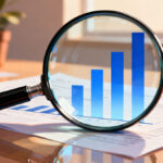 Magnifying glass held over a rising bar chart on a printed financial report