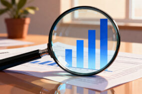 Magnifying glass held over a rising bar chart on a printed financial report