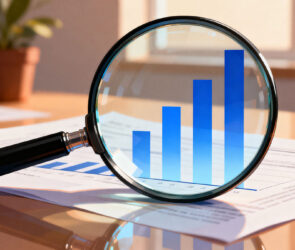 Magnifying glass held over a rising bar chart on a printed financial report