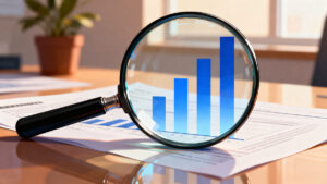 Magnifying glass held over a rising bar chart on a printed financial report