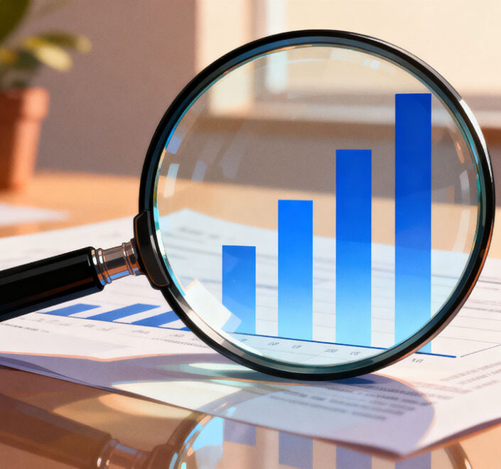 Magnifying glass held over a rising bar chart on a printed financial report