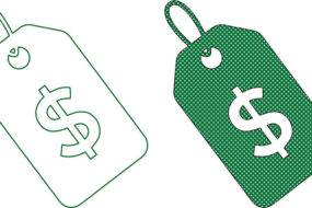 Row of green price tags with dollar signs