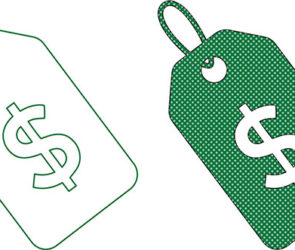 Row of green price tags with dollar signs