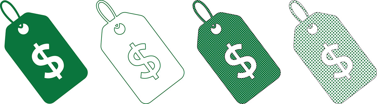 Row of green price tags with dollar signs