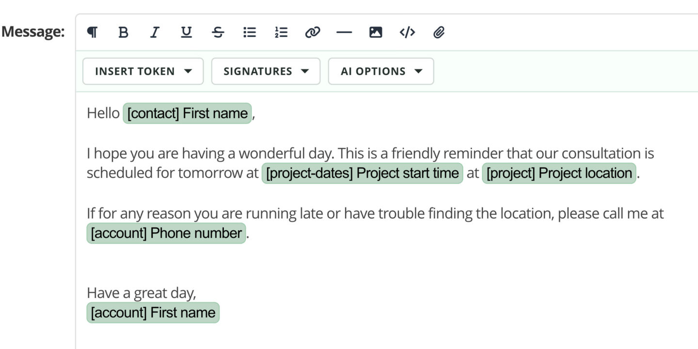 Close-up of the new 17hats text editor toolbar while composing a client email