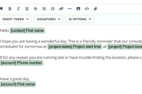 Close-up of the new 17hats text editor toolbar while composing a client email
