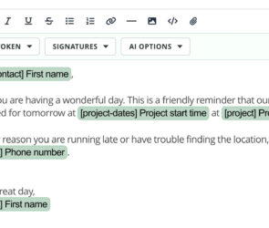 Close-up of the new 17hats text editor toolbar while composing a client email