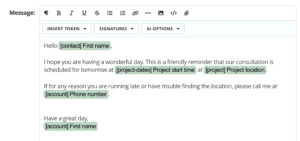 Close-up of the new 17hats text editor toolbar while composing a client email