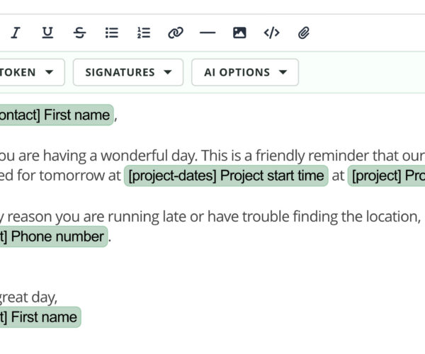 Close-up of the new 17hats text editor toolbar while composing a client email