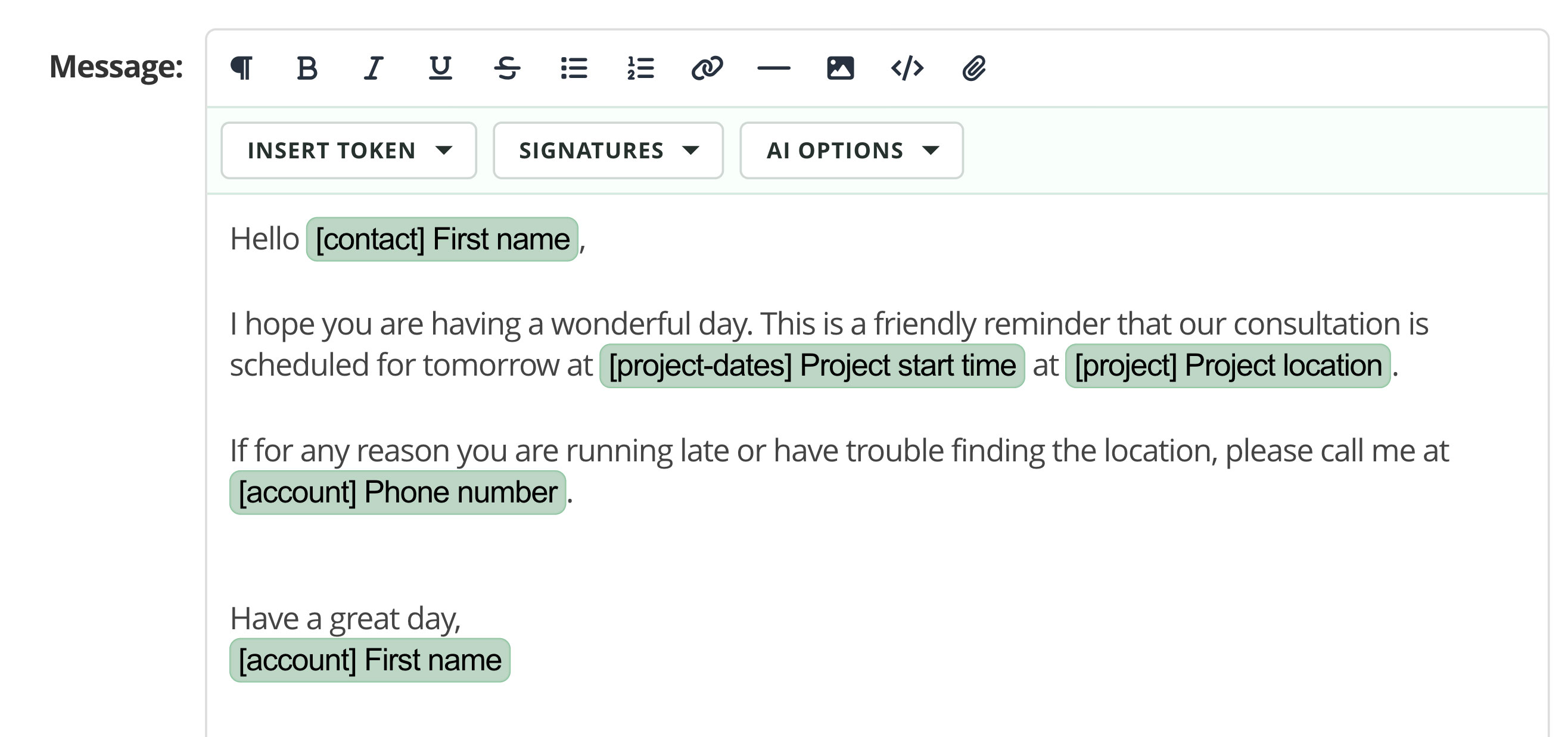 Close-up of the new 17hats text editor toolbar while composing a client email