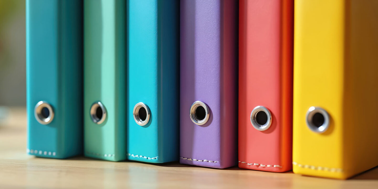 Row of colorful binders standing upright on a wooden shelf, representing written small business policies