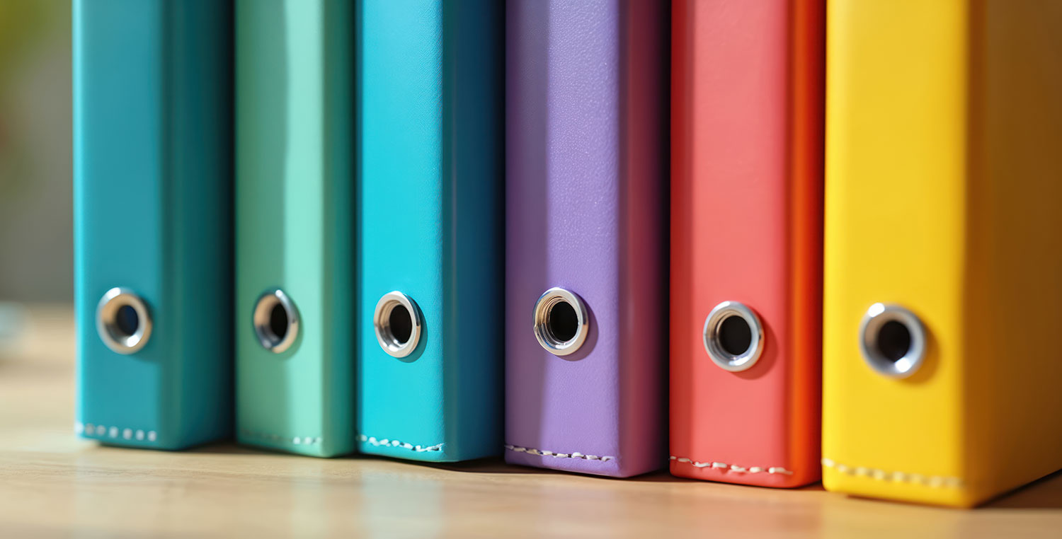 Row of colorful binders standing upright on a wooden shelf, representing written small business policies