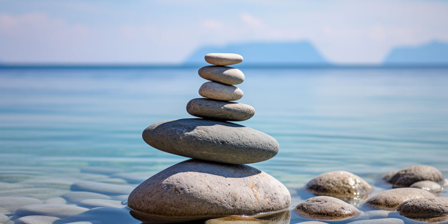Stack of balanced smooth stones in calm shallow water, representing work-life balance for small business owners