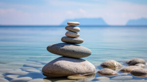 Stack of balanced smooth stones in calm shallow water, representing work-life balance for small business owners