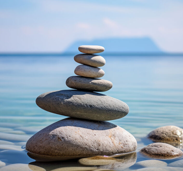 Stack of balanced smooth stones in calm shallow water, representing work-life balance for small business owners