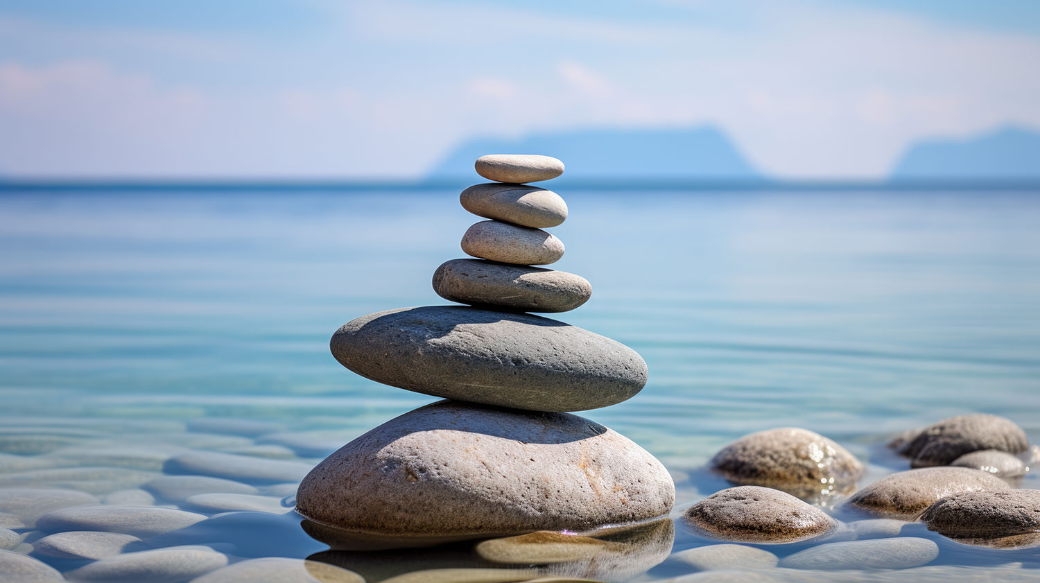 Stack of balanced smooth stones in calm shallow water, representing work-life balance for small business owners