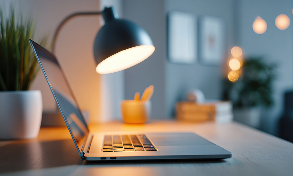 Open laptop lit by a desk lamp in a dim home office late at night