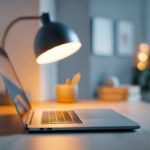 Open laptop lit by a desk lamp in a dim home office late at night