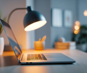 Open laptop lit by a desk lamp in a dim home office late at night