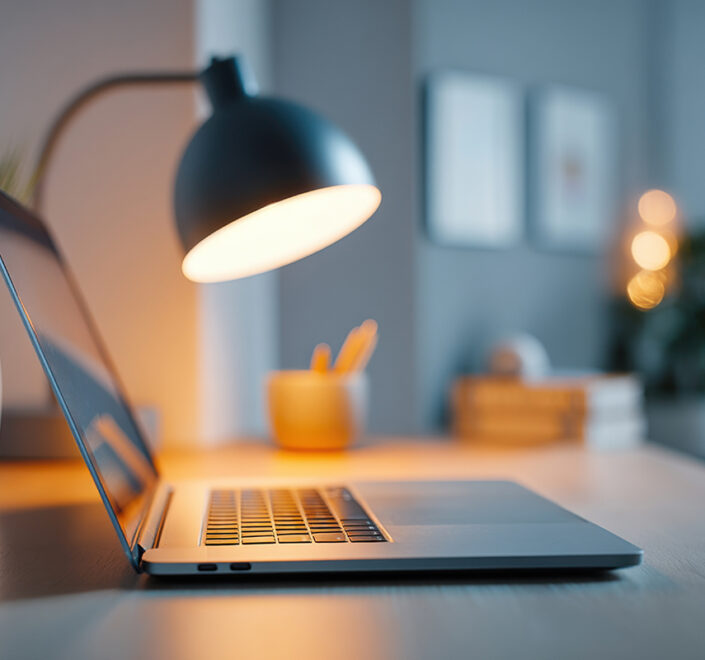 Open laptop lit by a desk lamp in a dim home office late at night