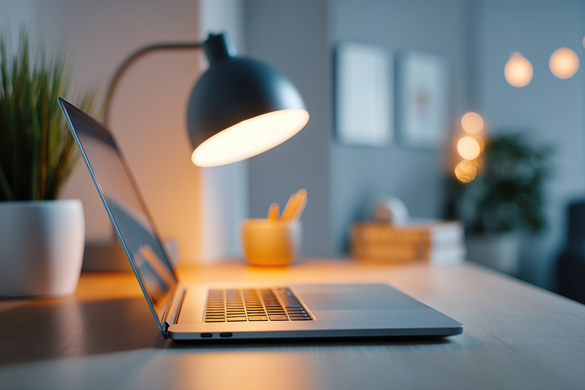 Open laptop lit by a desk lamp in a dim home office late at night