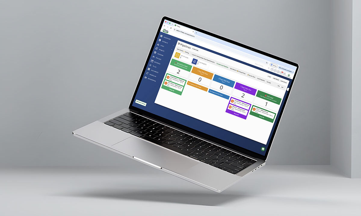 Laptop displaying the 17hats Pipelines board with client cards sorted into colored stage columns