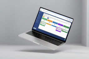 Laptop displaying the 17hats Pipelines board with client cards sorted into colored stage columns