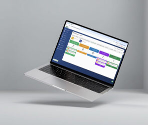 Laptop displaying the 17hats Pipelines board with client cards sorted into colored stage columns