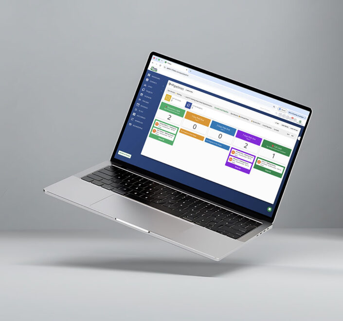 Laptop displaying the 17hats Pipelines board with client cards sorted into colored stage columns