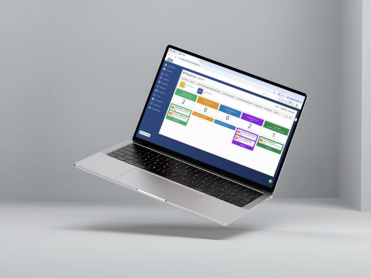 Laptop displaying the 17hats Pipelines board with client cards sorted into colored stage columns