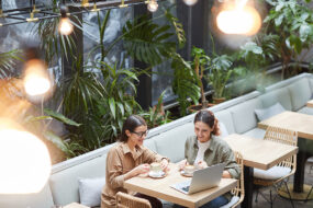 Two business owners talking over coffee and a laptop at a plant-filled cafe table